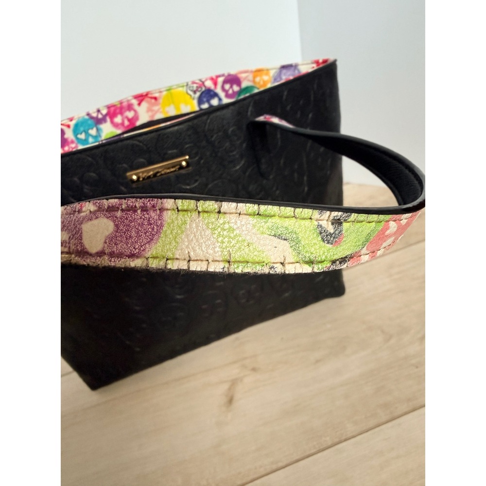 Betsey Johnson Skull Embossed Tote Bag Graffiti Lining Faux Leather Black - Picture 6 of 13